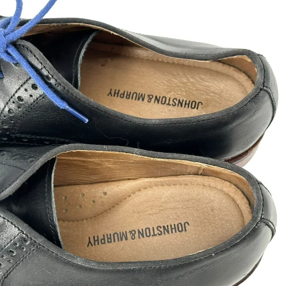 Johnston Murphy Oxford Shoes Conrad Plain Toe Black Leather Blue Detail Men 10.5